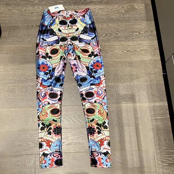 Super Colorful Sugar Skull Lotus Leggings - NWT - Picture 2 of 4
